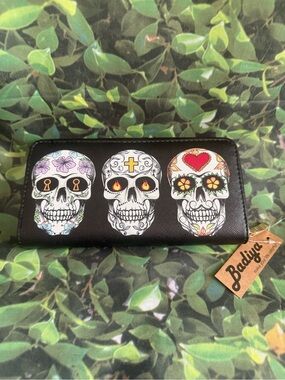 Badiya Black Zip Wallet with Colorful Sugar Skull Trio